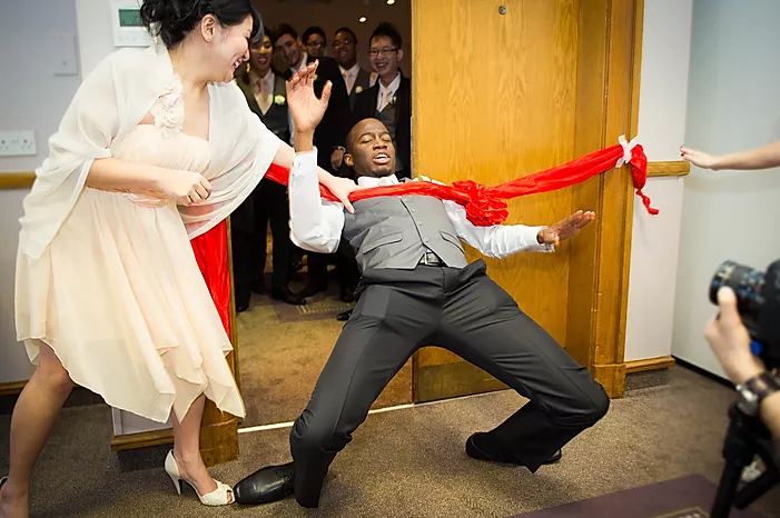 Chinese wedding tradition, where bridesmaid plays wedding door games with the groom