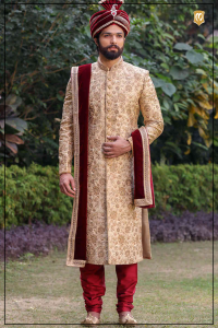 Fawn Manyavar Groom Sherwani with Red Churidar