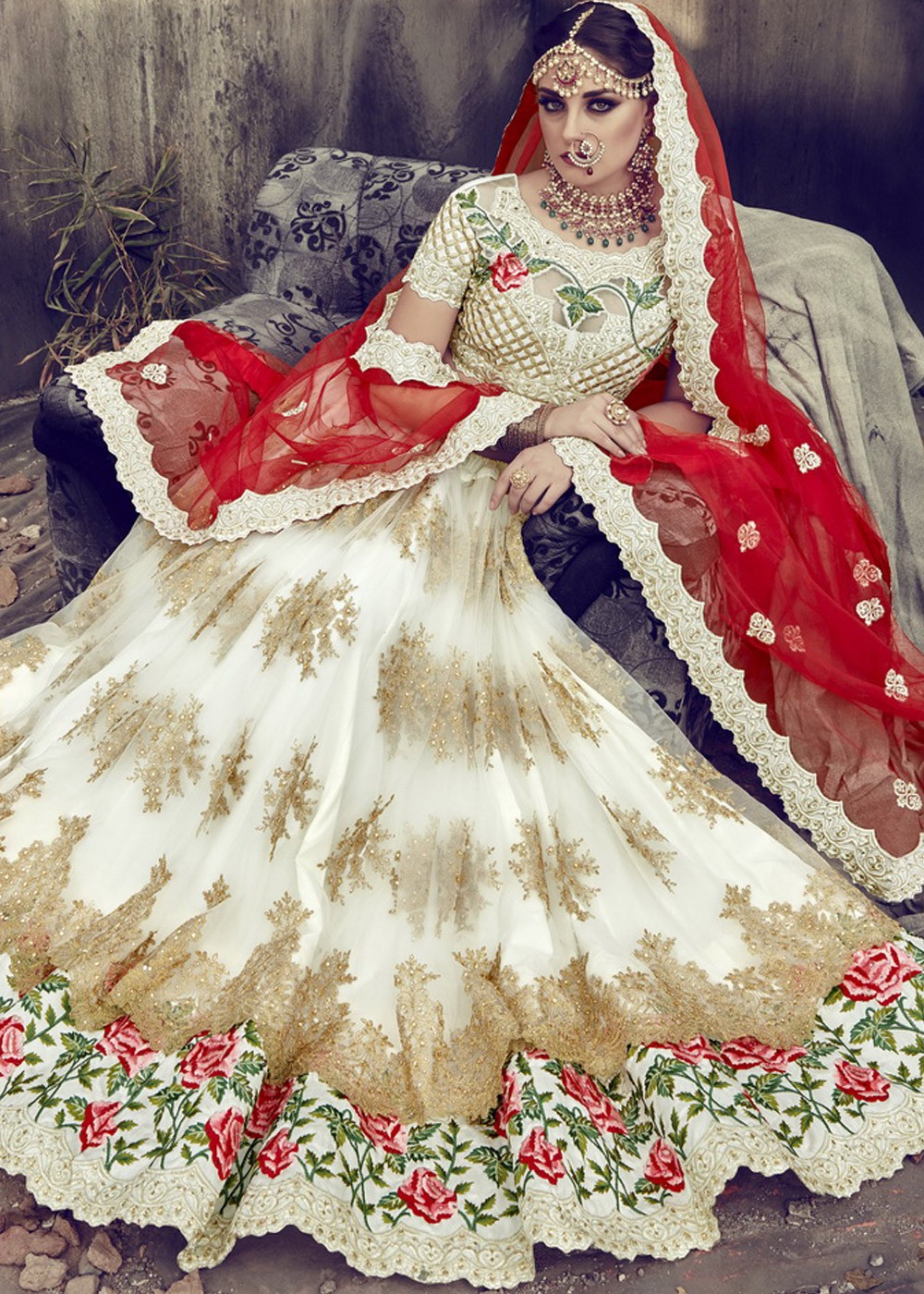 Off White and Red Bridal Lehenga