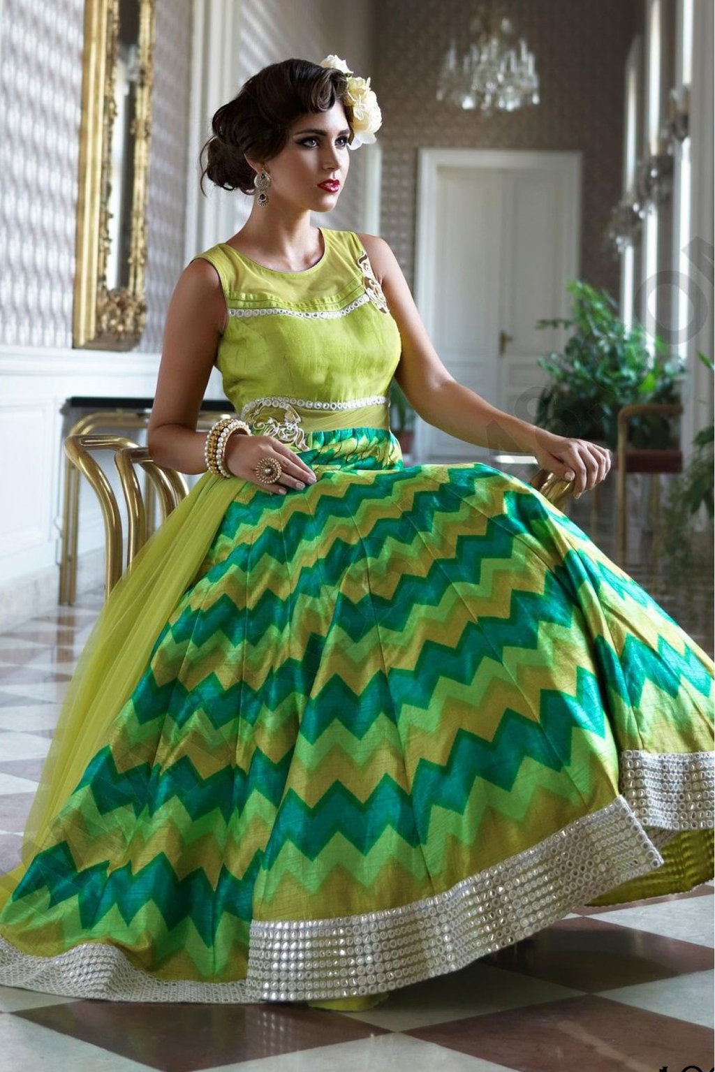 Green Chevron Lehenga