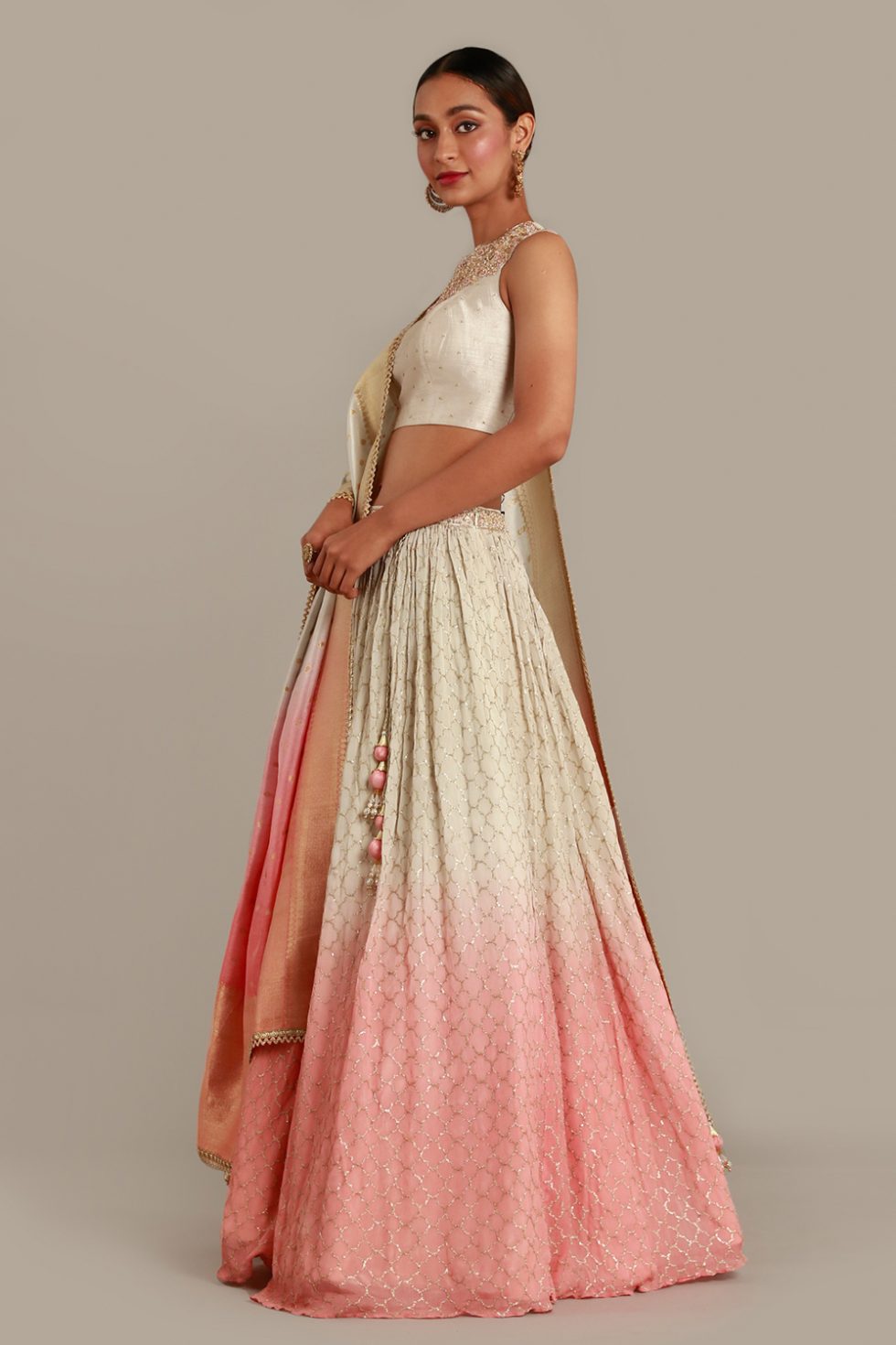 Off-White and Pink Ombre Lehenga 