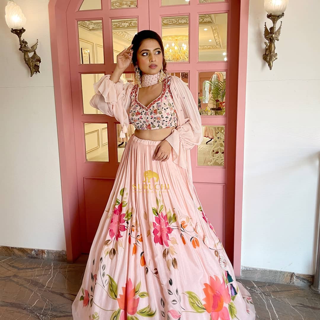 Peach Floral Net Hand Painted Lehenga