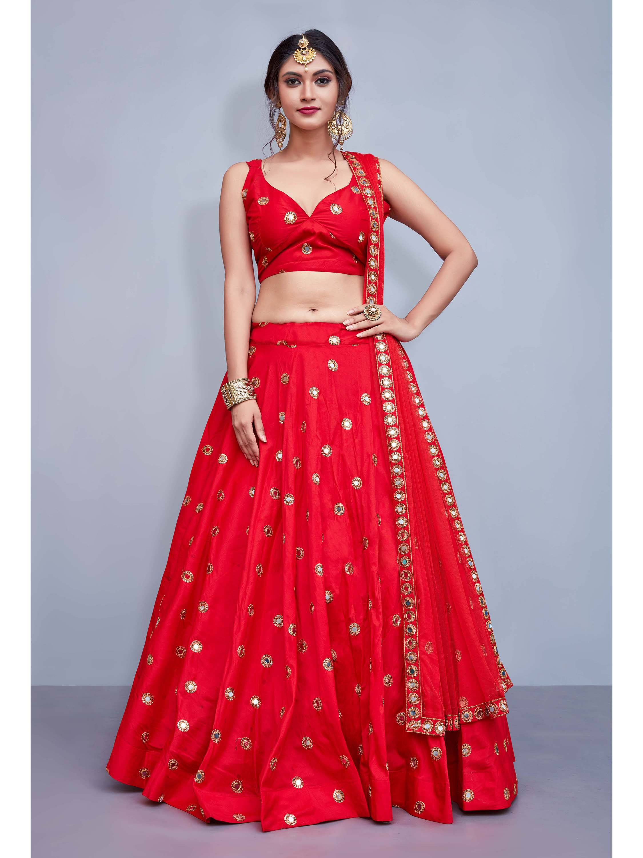 Red Lehenga with Mirror Work Designs