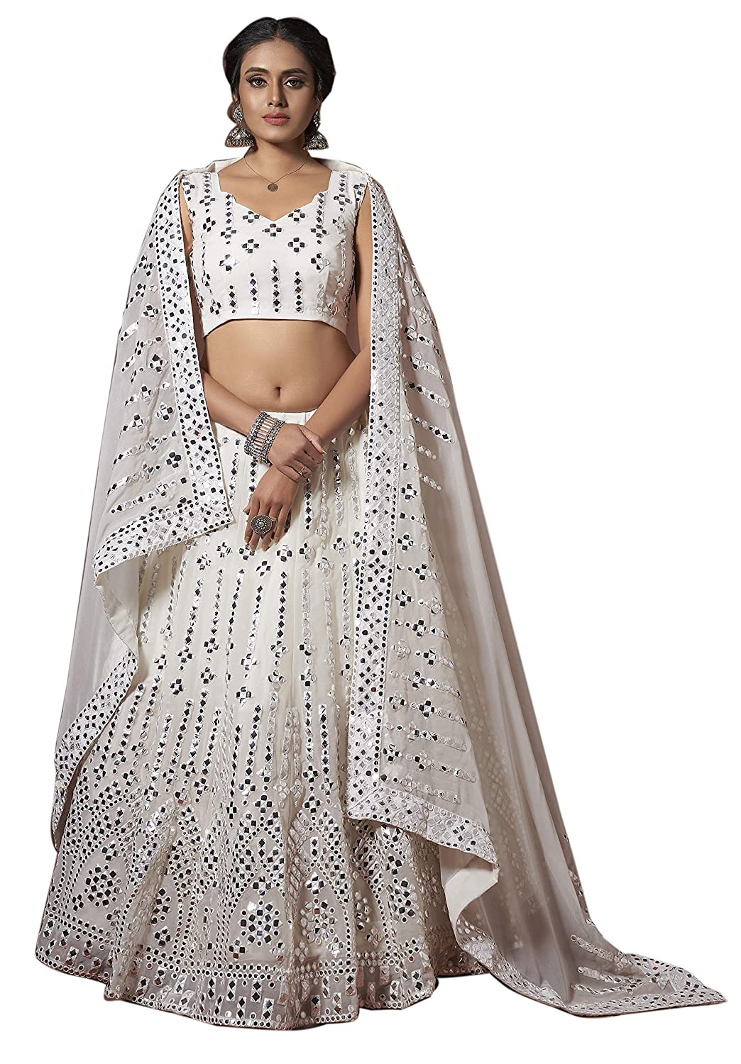 White Mirror Work Lehenga