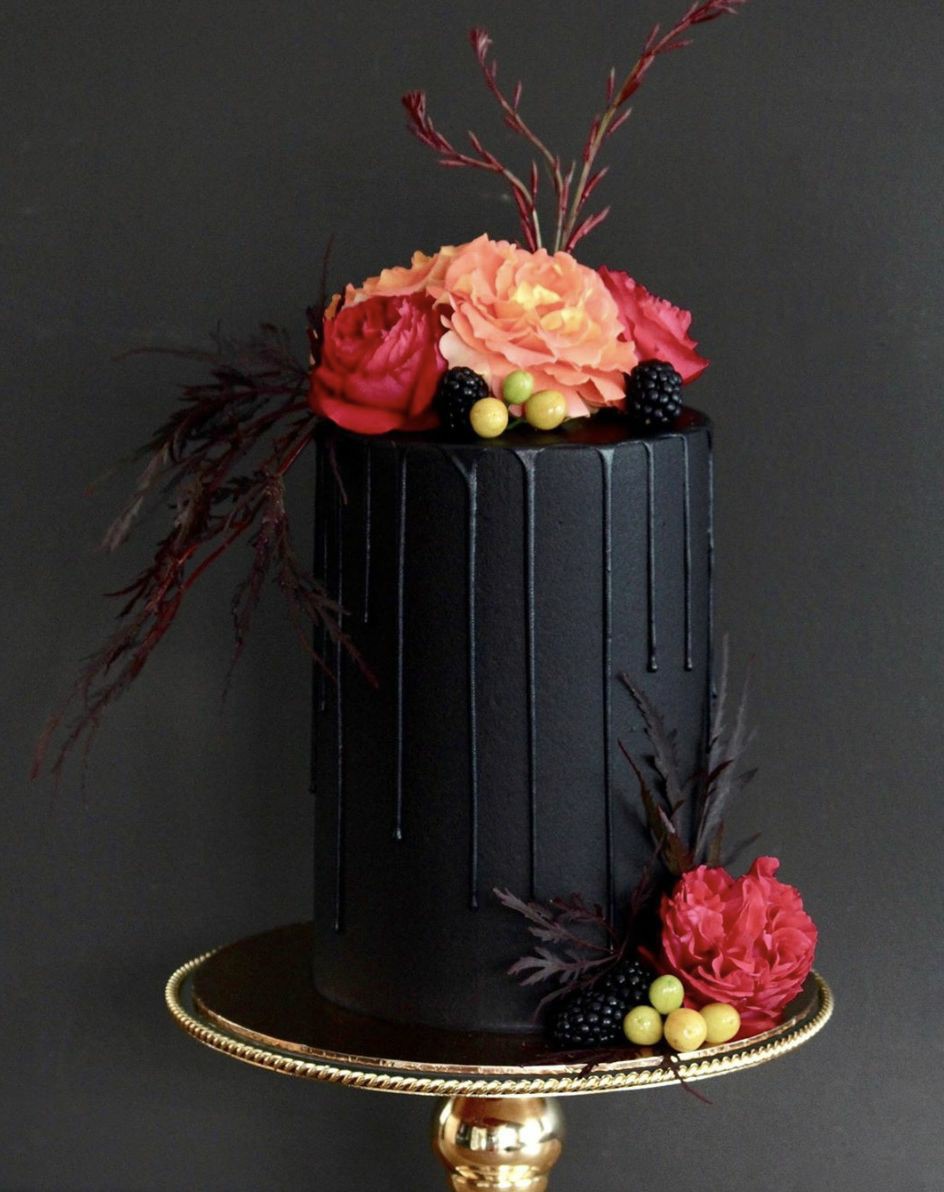 black floral tall engagement cake designs