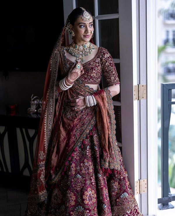 Velvet Wine Mohey Lehenga Bridal