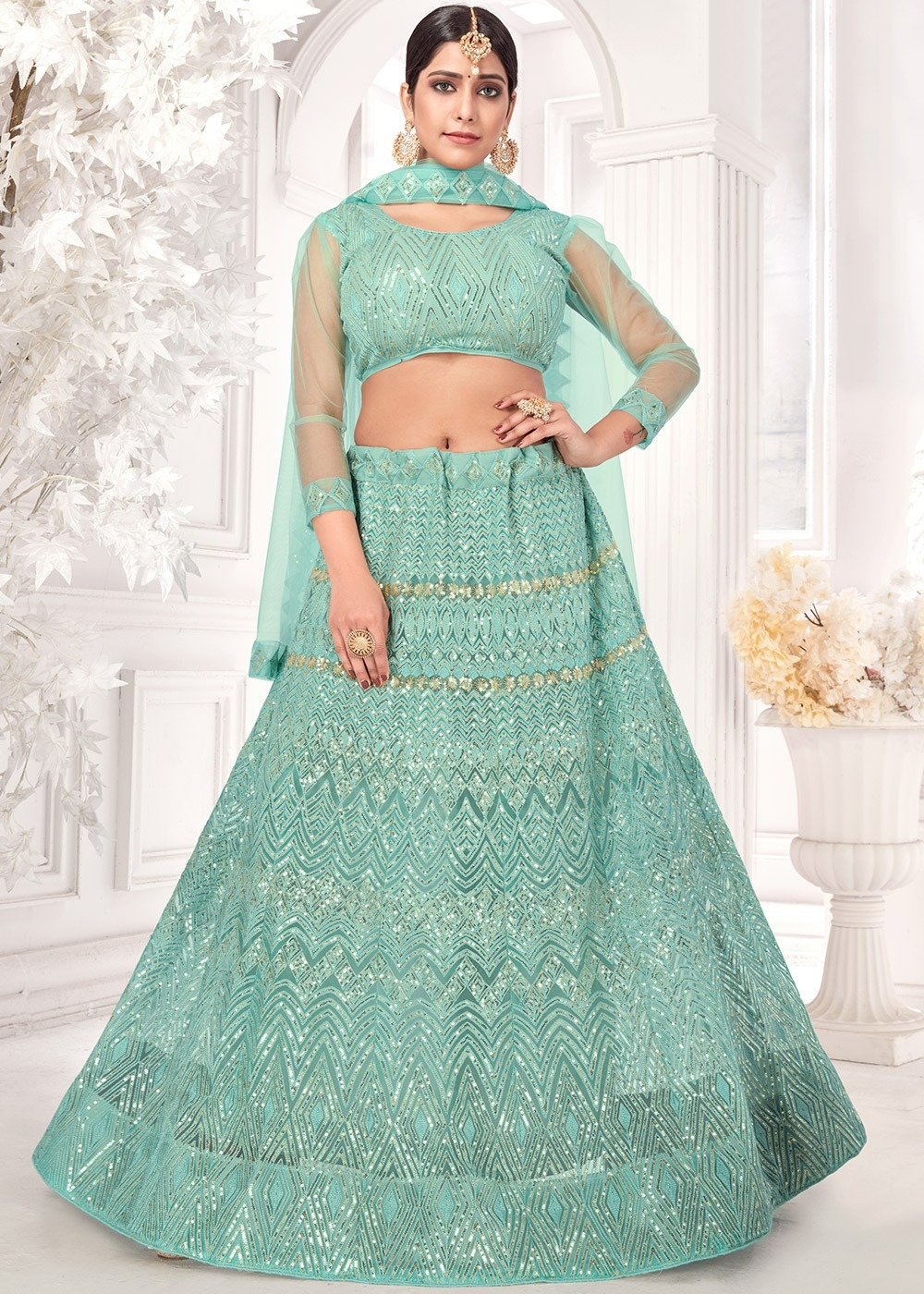 Turquoise Green Lehenga with Silver Embroidery