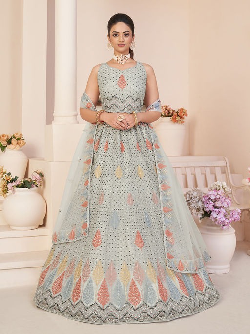 Net Grey Lehenga Bridal with Colorful Latkans