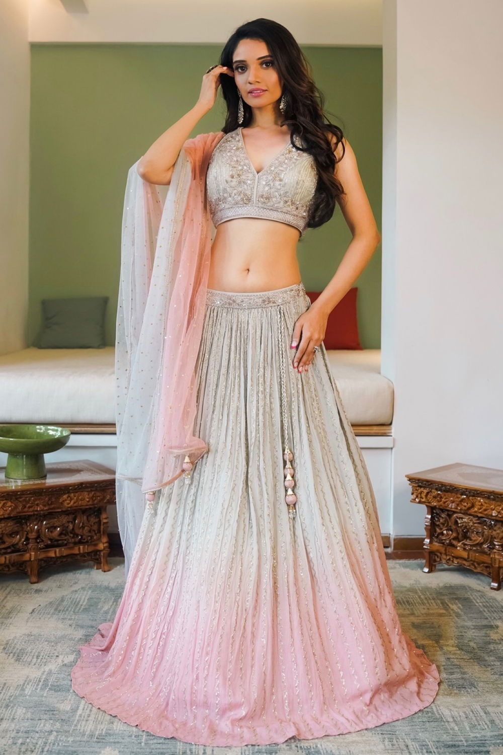 Enchanting Grey and Pink Bridal Lehenga