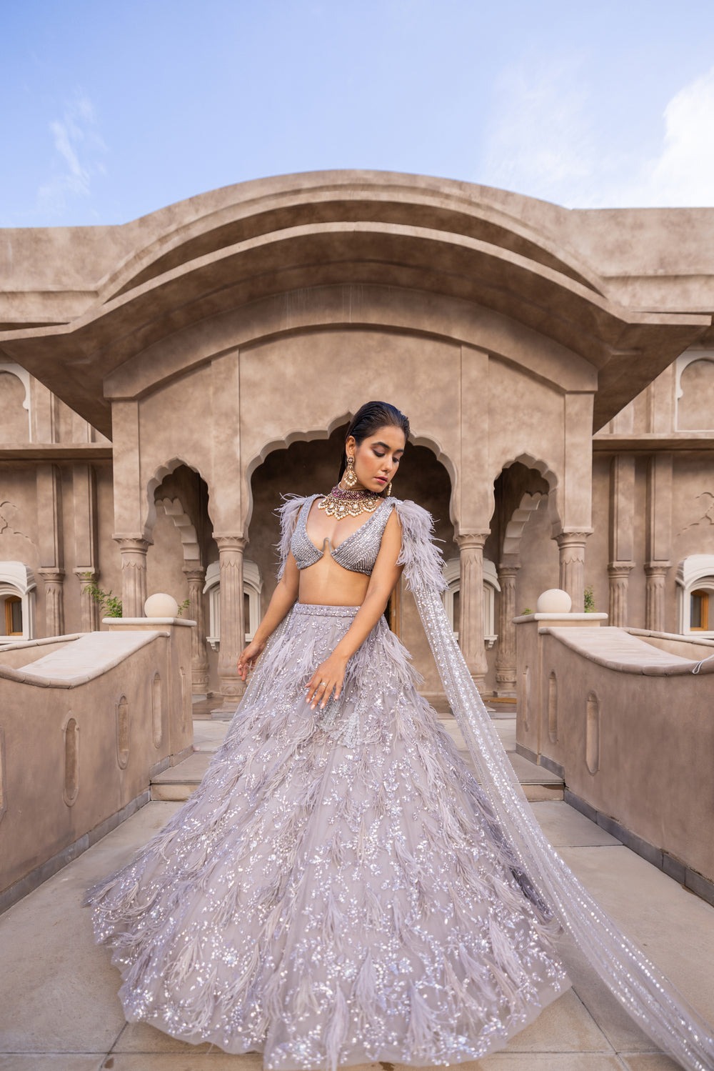 Grey Lehenga with Feathery Dupatta