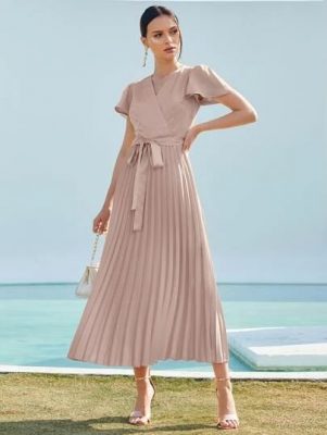 Pleated Wrap Dress with Belt