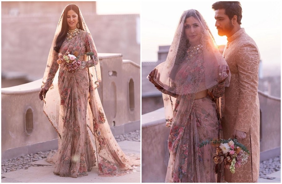 pastel pink floral saree with a gown like feel for contemporary look for wedding 