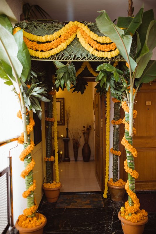 banana and mango leaves - low cost simple haldi decoration at home