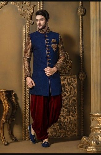 blue and gold zardozi sherwani deisgn