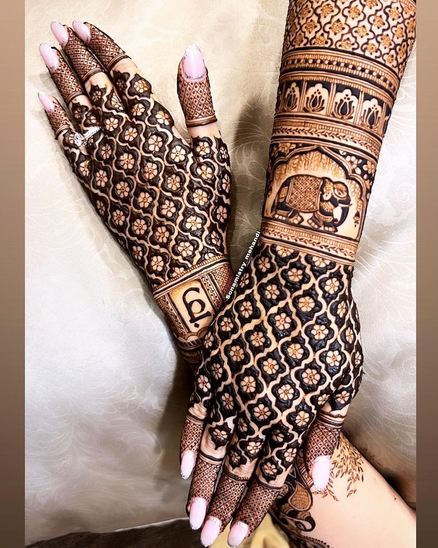 bold mesh pattern elephant mehndi design