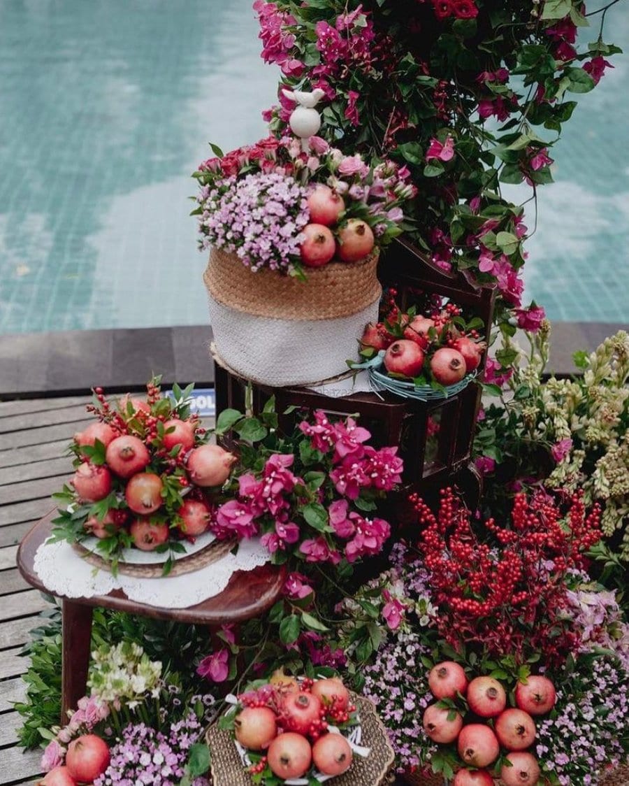 fruits and flowers centerpiece for south indian wedding decor