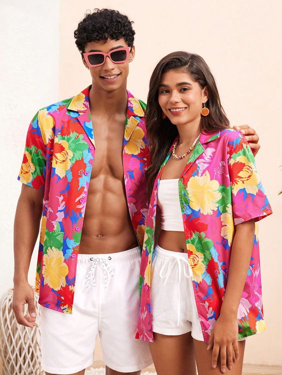 coordinated pink floral shirts for the couple