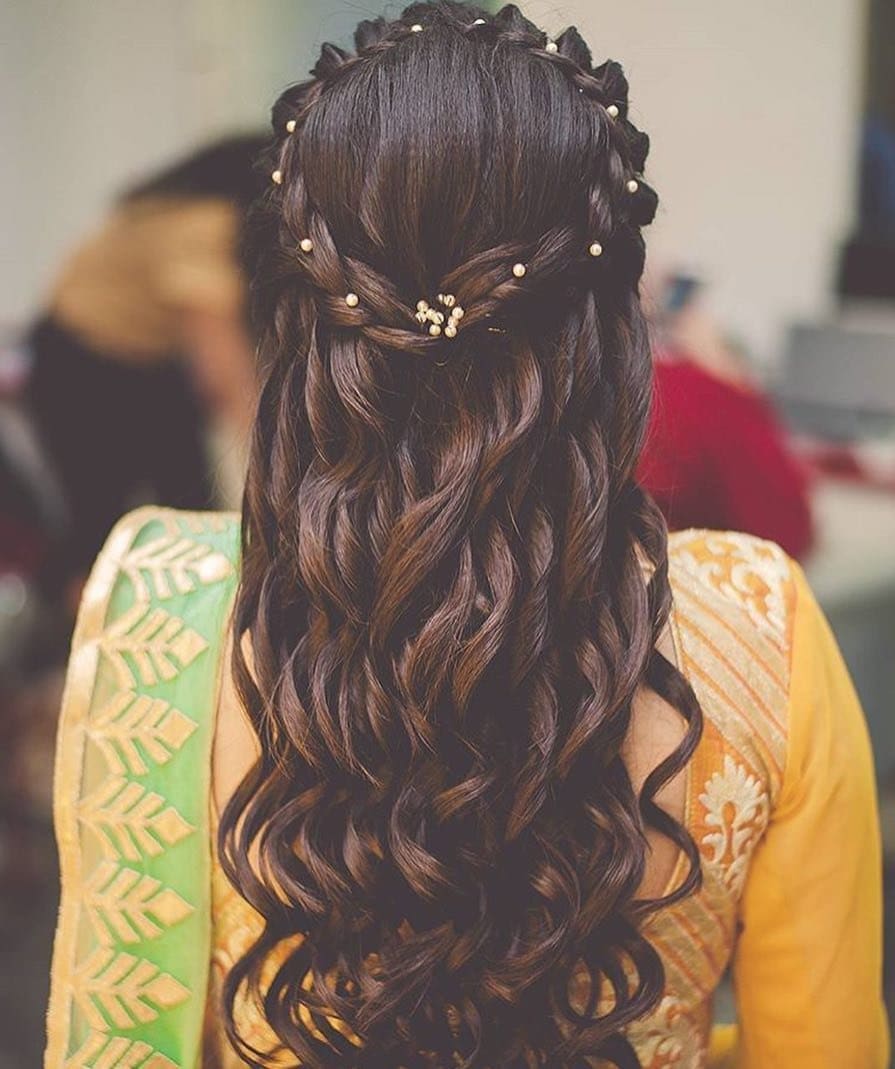 neat crown braid with tiny pearls sangeet hairstyles 