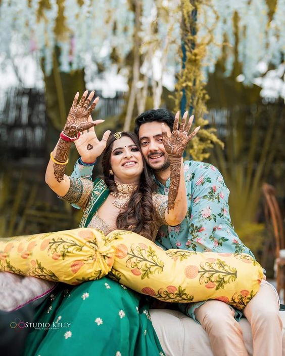 cute bride and groom mehndi poses