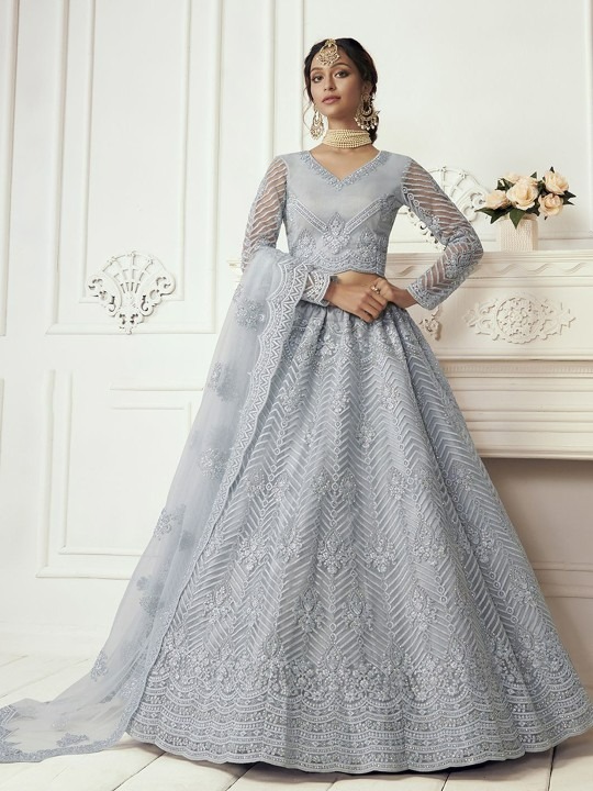 Full Sleeved Grey Wedding Lehenga