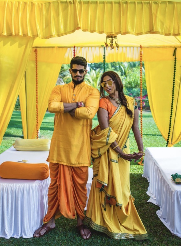 dhoti and mustard yellow kurta for groom haldi outfits