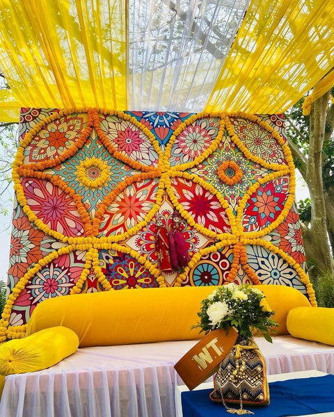 dulhan dulhan dalls embellished Rajasthani styled Background Haldi Ceremony Decoration