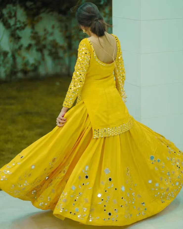 Bengali Haldi Look - mirror work kurta and skirt