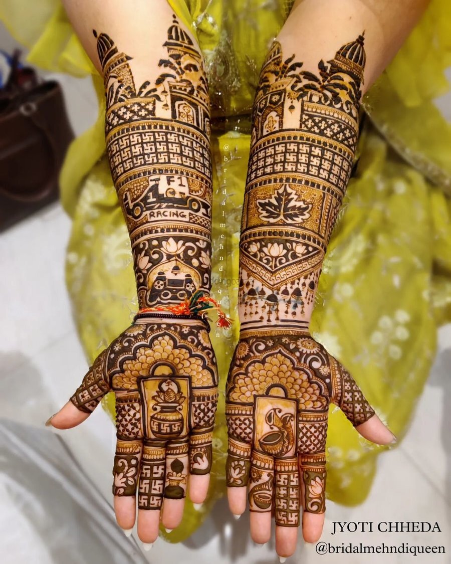 f1 themed mehndi design for brides