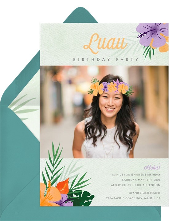 floral crown invitation card for hawaiian theme party