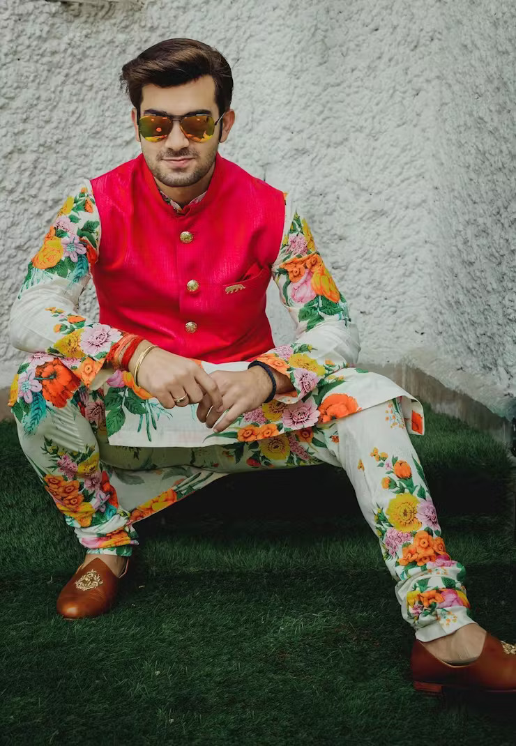 floral kurta with red Nehru jacket groom haldi outfits