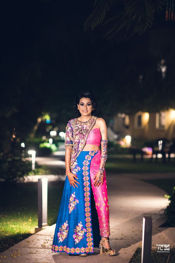 fusion outfit with half lehenga choli and half croptop and pant