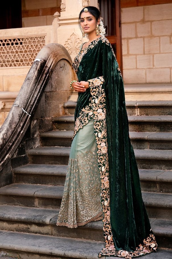 green colored velvet saree