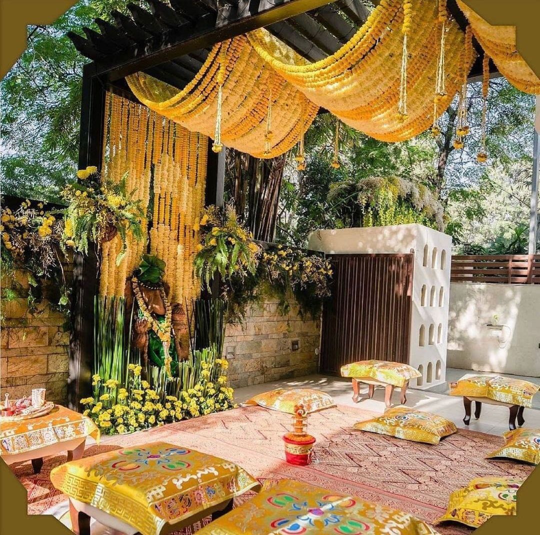 mandap style decoration for haldi ceremony for south indian wedding