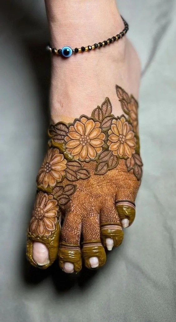 half feet intricate floral leg mehndi designs