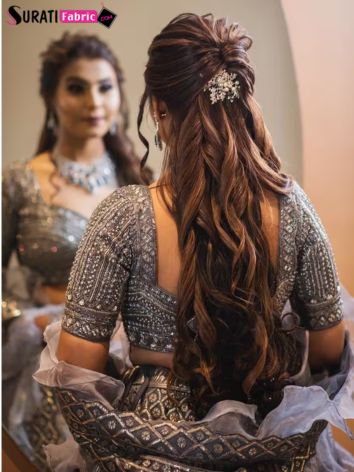 half tie lehenga hairstyles with flowers