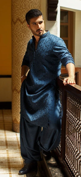 indigo colored lucknowi kurta groom haldi outfits