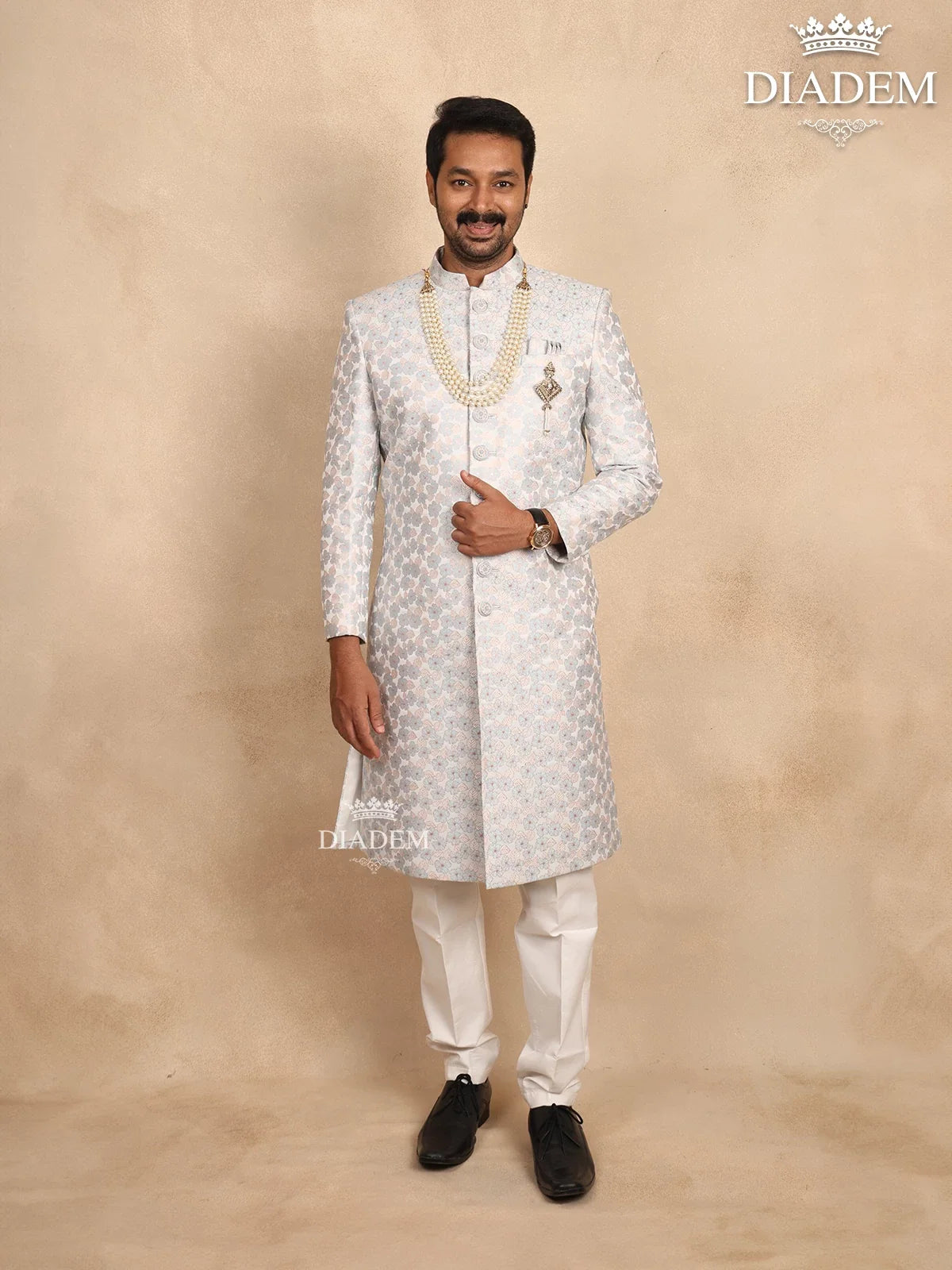 silver colored jacquard sherwani design