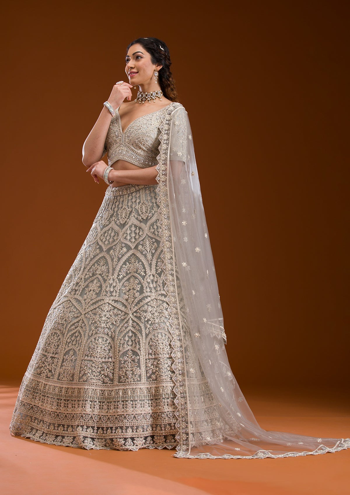 Embroidered Grey Color Bridal Lehenga