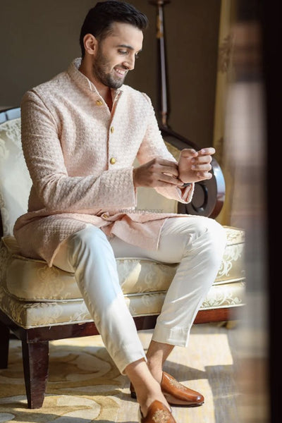 lotus pink chikankari kurta groom haldi outfits