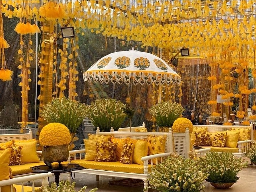 marigold overdose for mehendi ceremony of south indian wedding decor