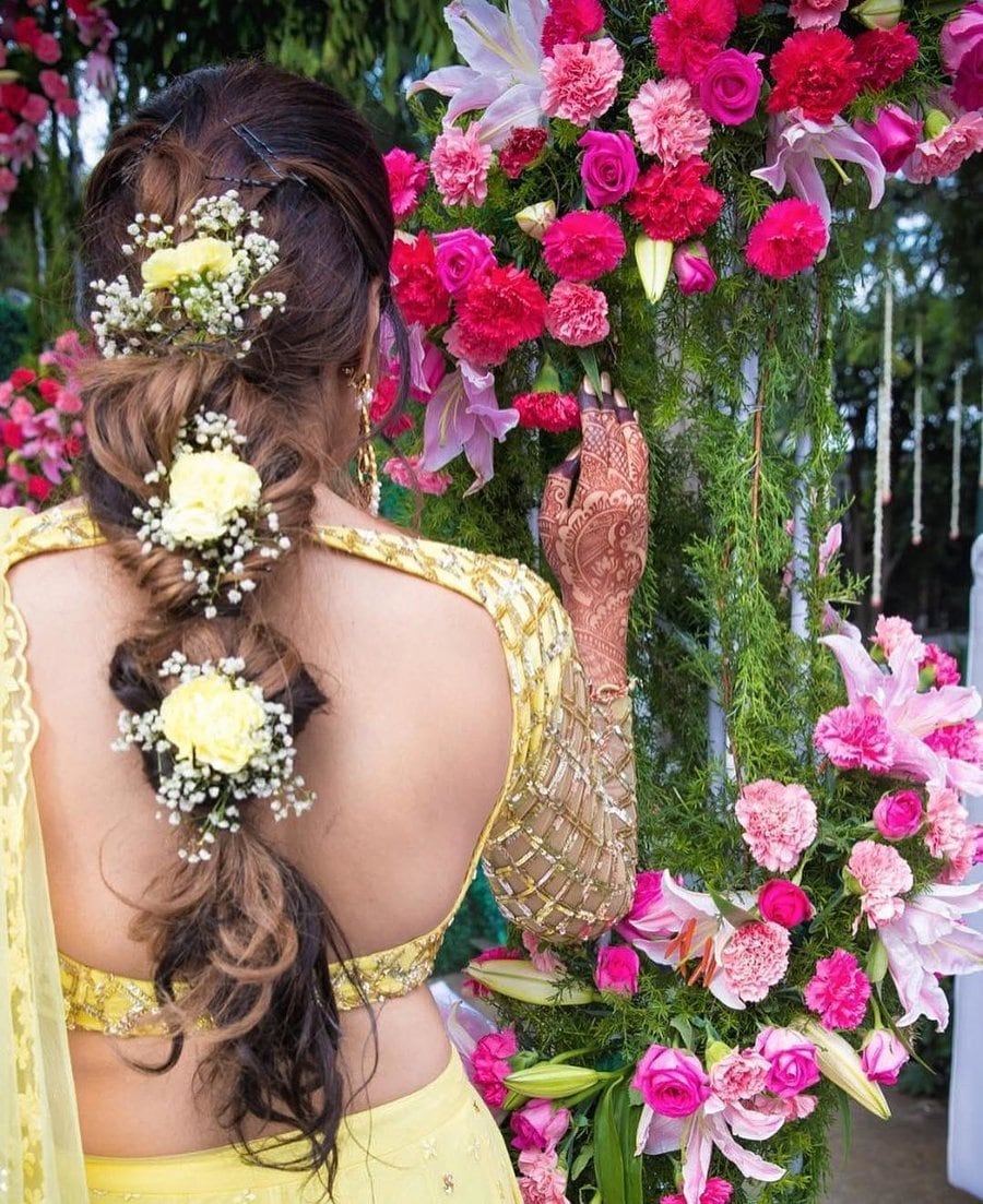 messy bubble braid with yellow roses