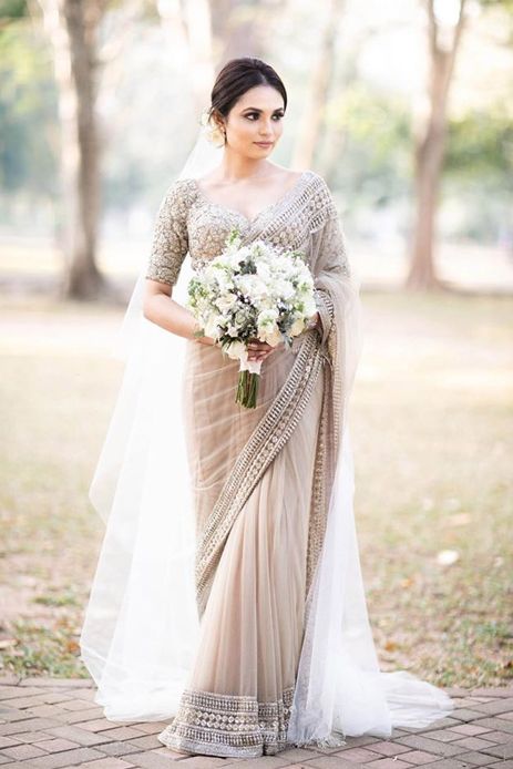 nude colored gown like saree for contemporary wedding look