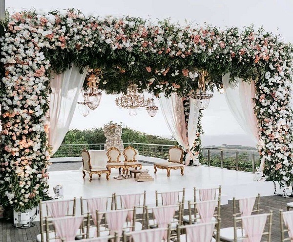 peach flower decor for engagement stage decoration