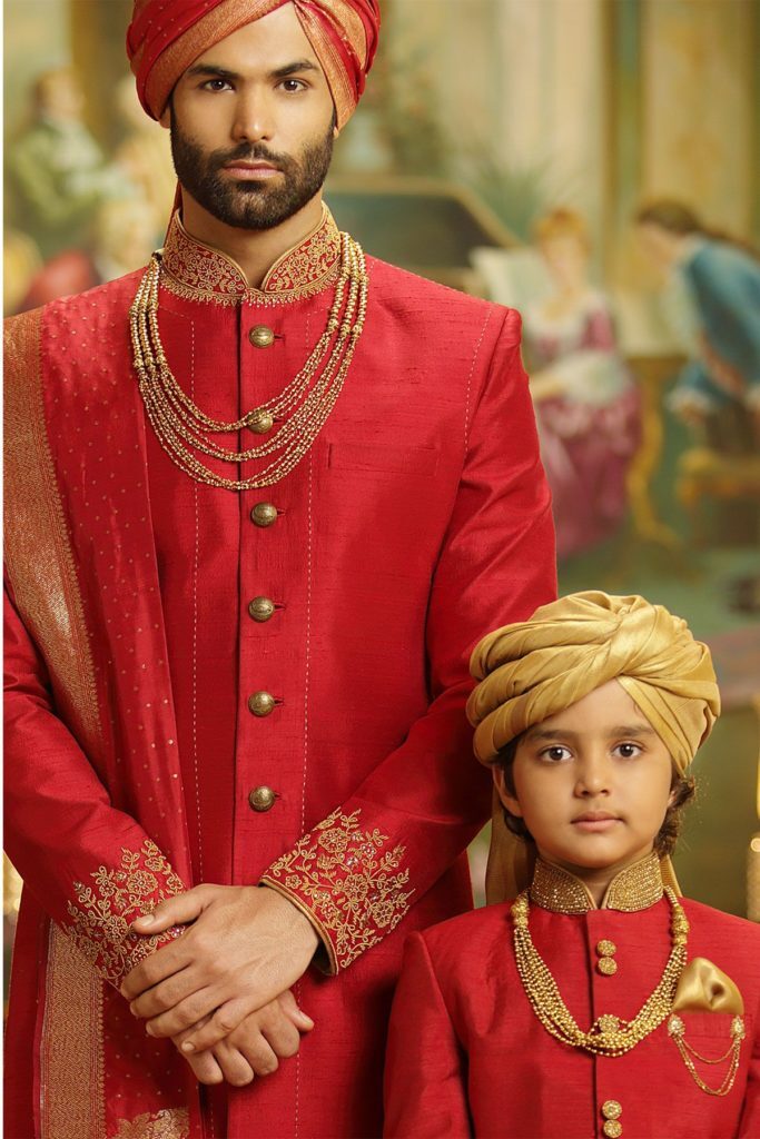 red raw silk floral sherwani