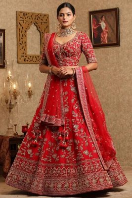 Red Raw Silk Zardosi Lehenga Ideas