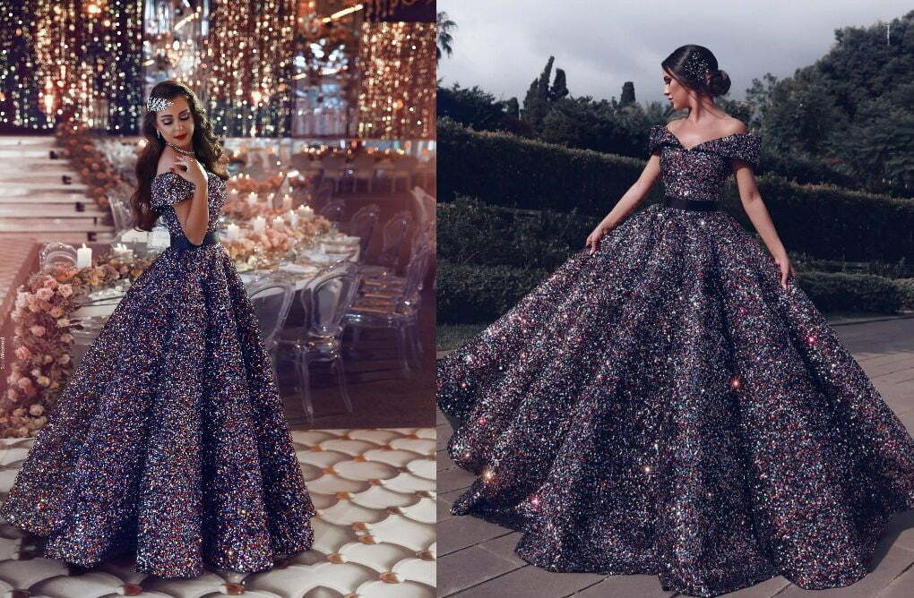 dark grey gown with sequin work