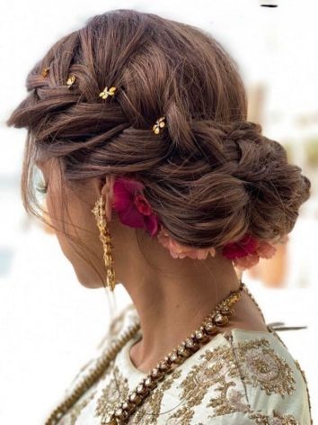 side braided bun - lehenga hairstyles