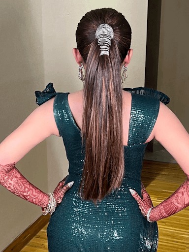 sleek ponytail with glittery scrunchie