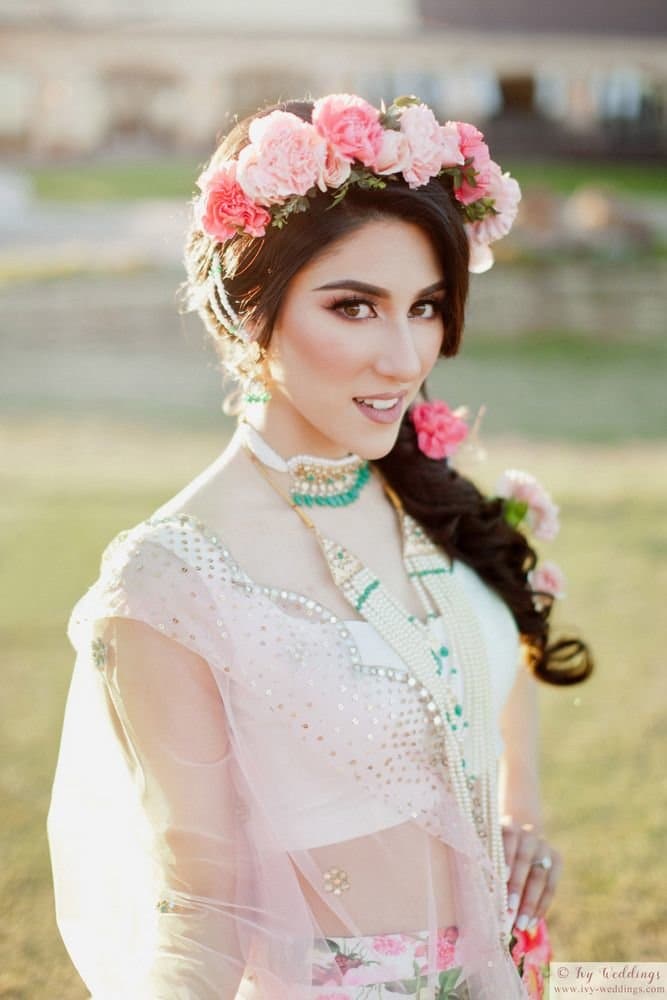 twisted messy side braid with floral crown 