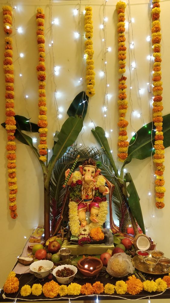 yellow and green background decoration for ganpati